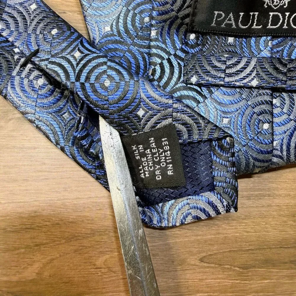 VTG Paul Dione Tie Blue Black Geometric Circle Print Silk Necktie